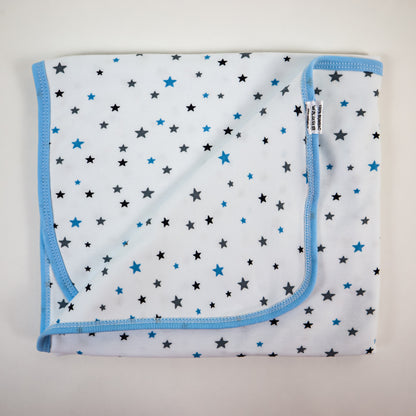 Paturica Baby Stars, 90x90 cm, din bumbac, pentru bebelusi, alb/albastru