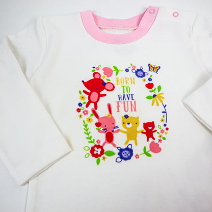 Pijama Born to have Fun, pentru copii, din bumbac, alb/roz