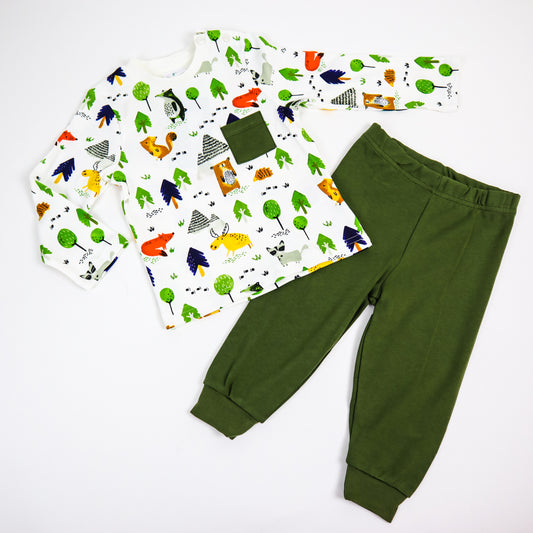 Pijama Forest, pentru copii, din bumbac, verde